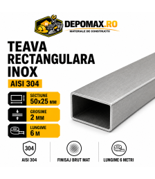 Teava rectangulara inox AISI 304, 50 x 25 x 2 mm, 6 metri